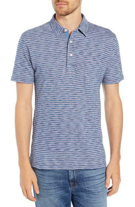 Faherty Mens XXL Baypoint Stripe Feeder Stripe Jersey Polo Slub Indigo Shirt