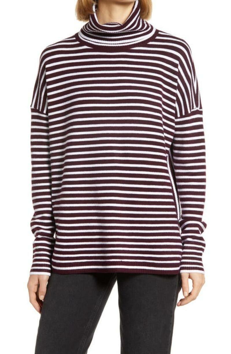 French Connection Womens M Evening Wine Babysoft Stripe Turtleneck Top Sweater