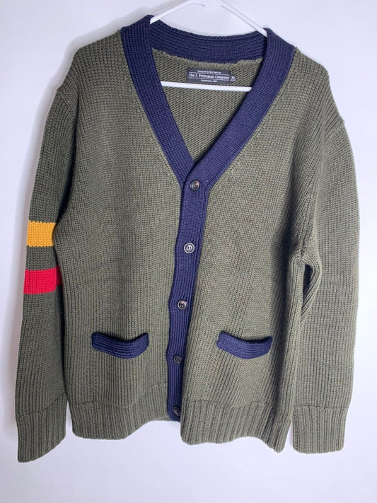 J Peterman Company Mens XL Olive Green Italian Wool Ivy League Cardigan Sweater