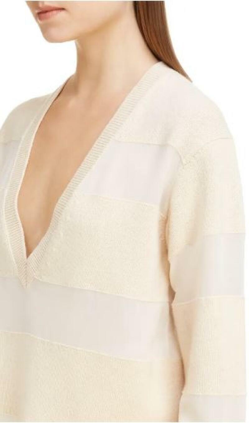 Chloe Womens L Macadamia Brown Beige Cream Stripe Wool, Silk & Cashmere Sweater