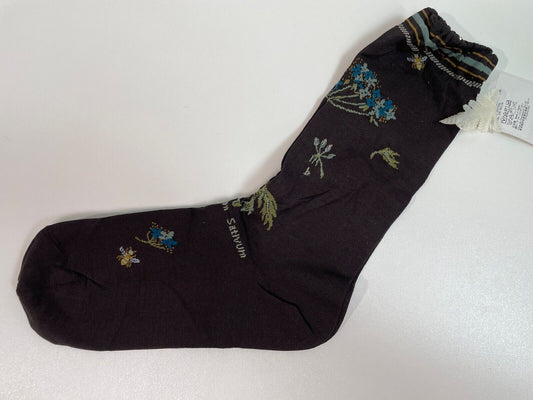Antipast Womens KT-155 Dark Brown Floral Calf High Socks Coriander Sativum