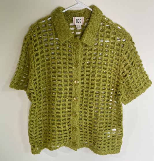 Urban Outfitters BDG Women's M Osaka Open-Knit Polo Sweater Green 86906948