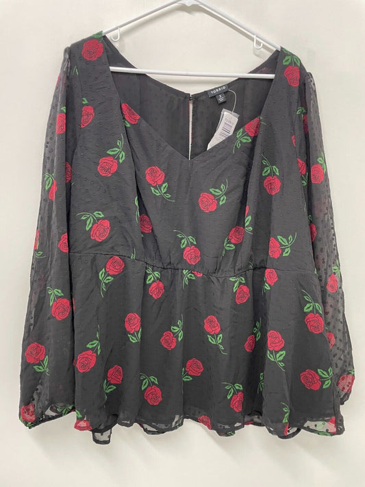 Torrid Womens 3X Peplum Chiffon Clip Dot Puff Sleeve Top Rose Black Floral Sheer