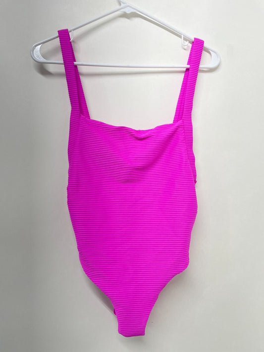 Zara Womens L Ottoman Swimsuit Pink Straight Neckline Ribbed One Piece Swimwear