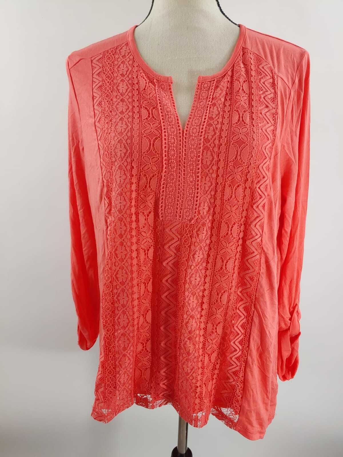 RXB Womens Embroidered Roll Tab Sleeve Popover Tunic Blouse Top NWT