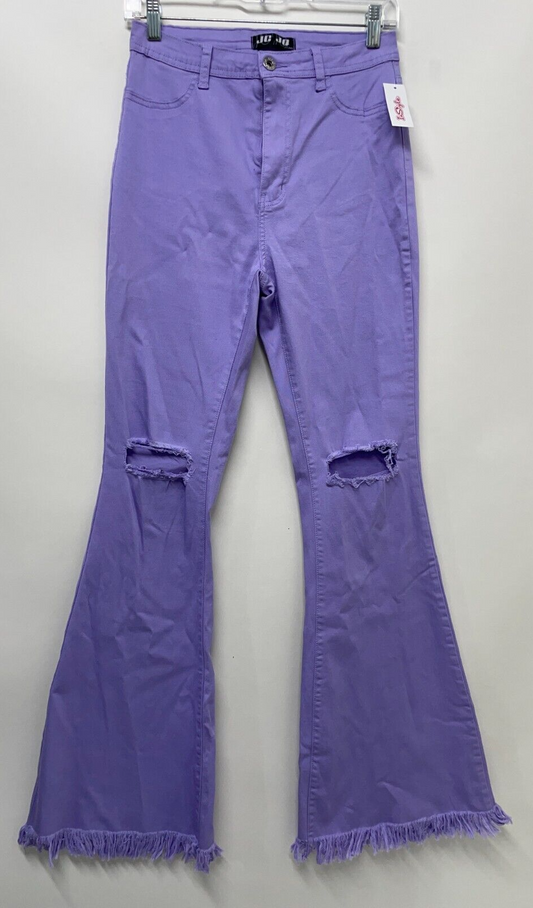 JC JQ Womens L High Waisted Flared Jeans Purple Frayed Hem Ripped Denim Stretch