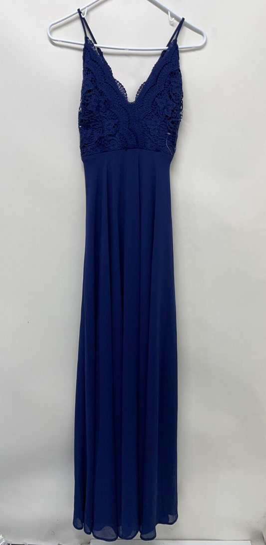 Lulus Womens XS Madalyn Crochet Lace Maxi Dress Navy Blue Chiffon V-Neck 27536