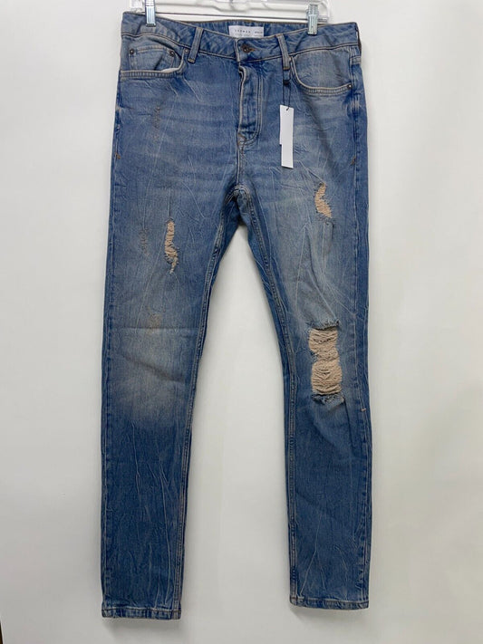 Topman Mens 34 x 34 Stretch Skinny Jeans Mid Wash Tint Distressed Ripped