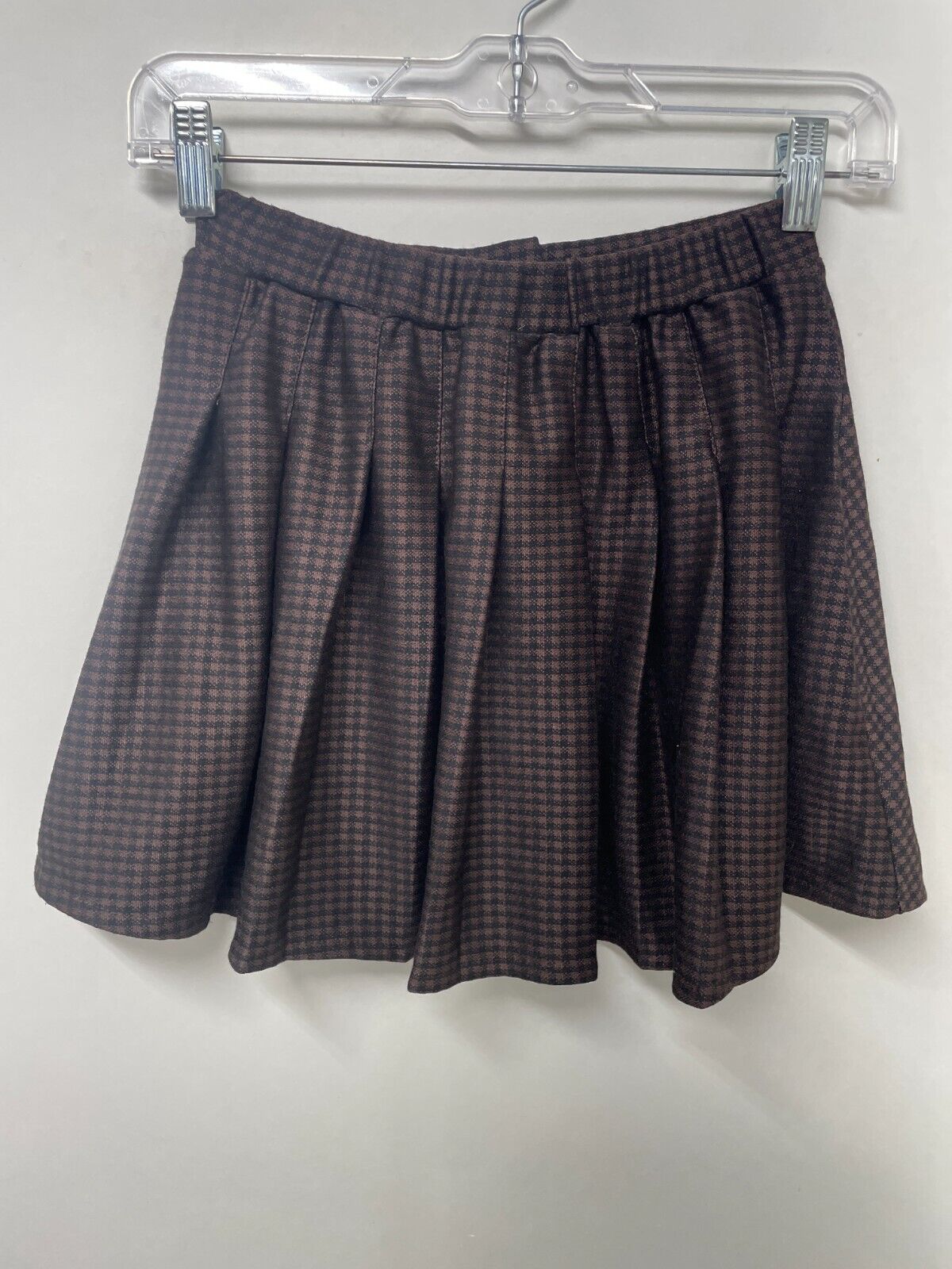 Zara Kids Girls 8 Box Pleat Skirt Brown Black Checkered Button-Front 1165/766