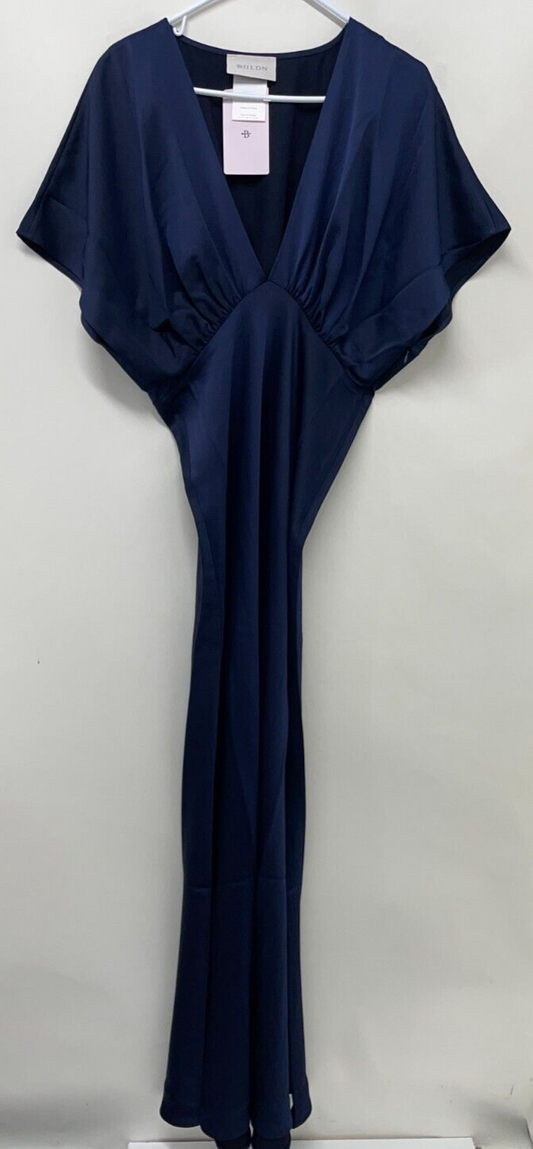 BHLDN Womens 12 Leila Deep-V Flutter-Sleeve Satin A-Line Gown Navy anthropologie