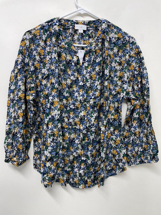 J. Jill Womens MP Smocked Relaxed Rayon Blouse Navy Blue Wildflowers Button Down