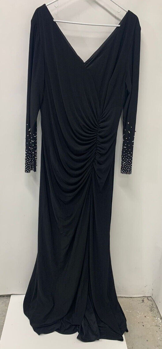 Xscape Womens 14W Embellished Long Sleeve Gown V Neck Beaded 3072W Dress Ruched