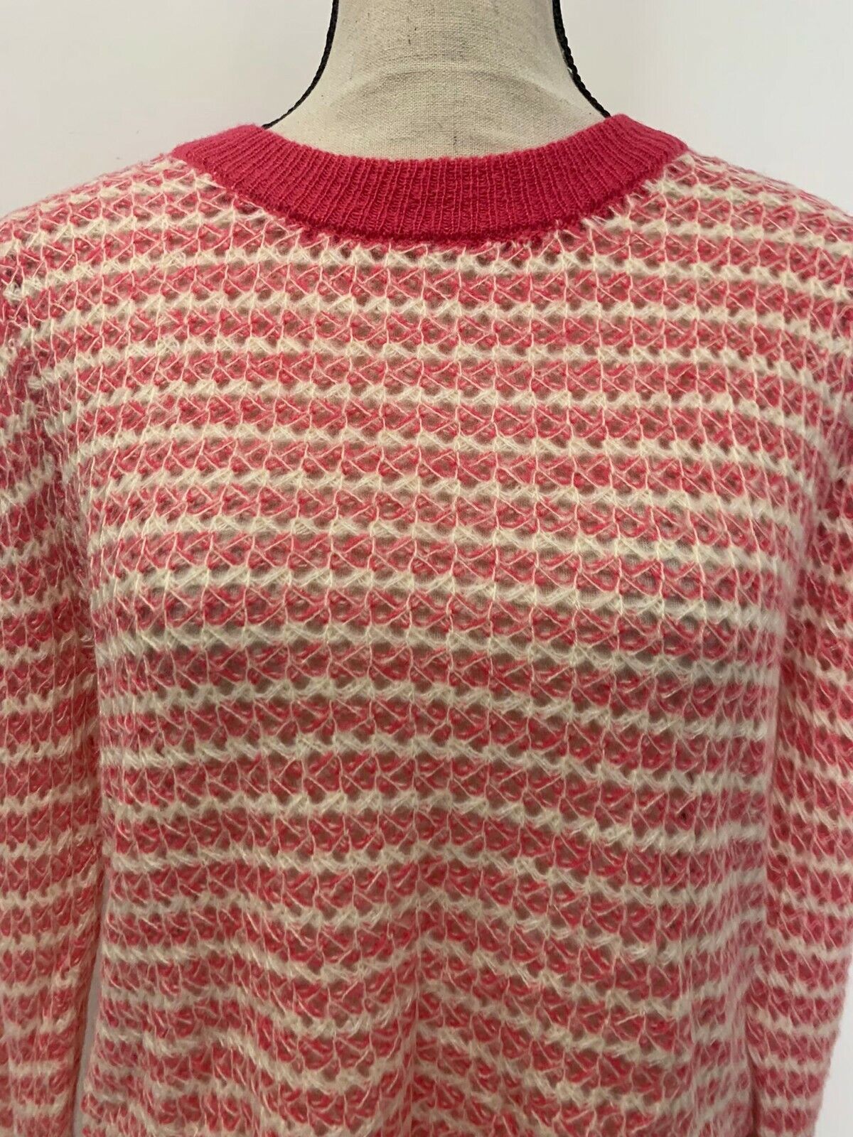 WAYF Womens Pink Waffle Stripe Open Knit Crew Neck Pullover Sweater