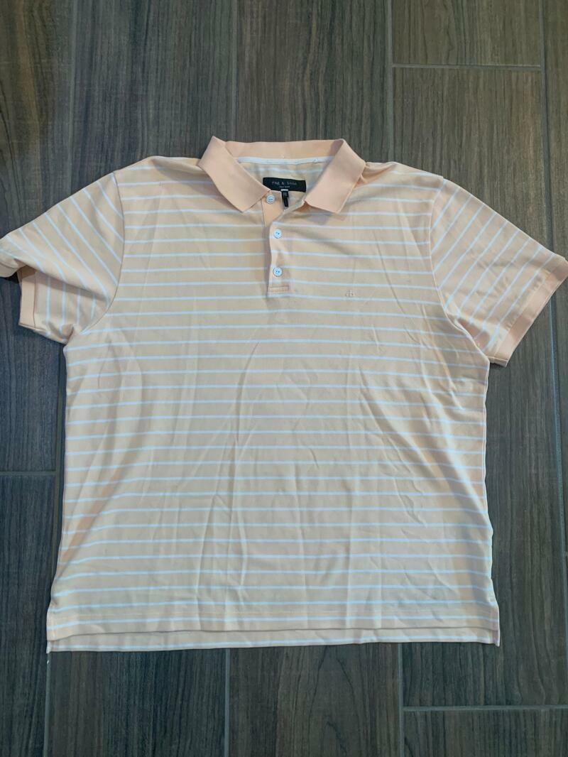 rag & bone Mens XXL Orange Peach Slim Fit Stripe Pique Cotton Stretch Polo Shirt