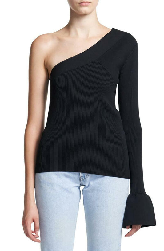 Theory Womens S Black Ribbed One-Shoulder Sweater Paneled Bell Sleeve Top