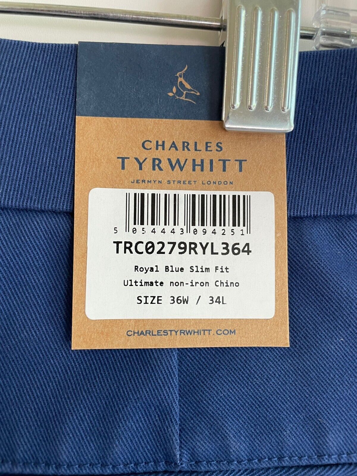 Charles Tyrwhitt Mens 36/34 Ultimate Non-Iron Chino Pant Royal Blue Slim Fit