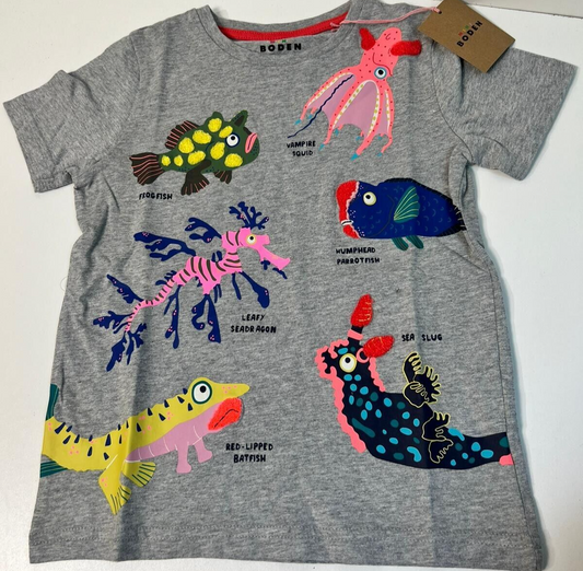 Boden Boys 5-6Y Weird & Wonderful Fish Grey T-Shirt B2733 LGY Kids Youth