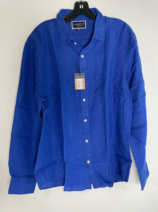 Charles Tyrwhitt Mens L Slim Fit Pure Linen Shirt Royal Blue Button Down L/S