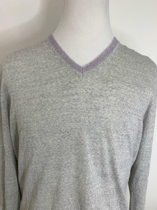 Jared Lang Mens XL Grey Lavender V-Neck Knit Pullover Sweater Merino Wool Blend