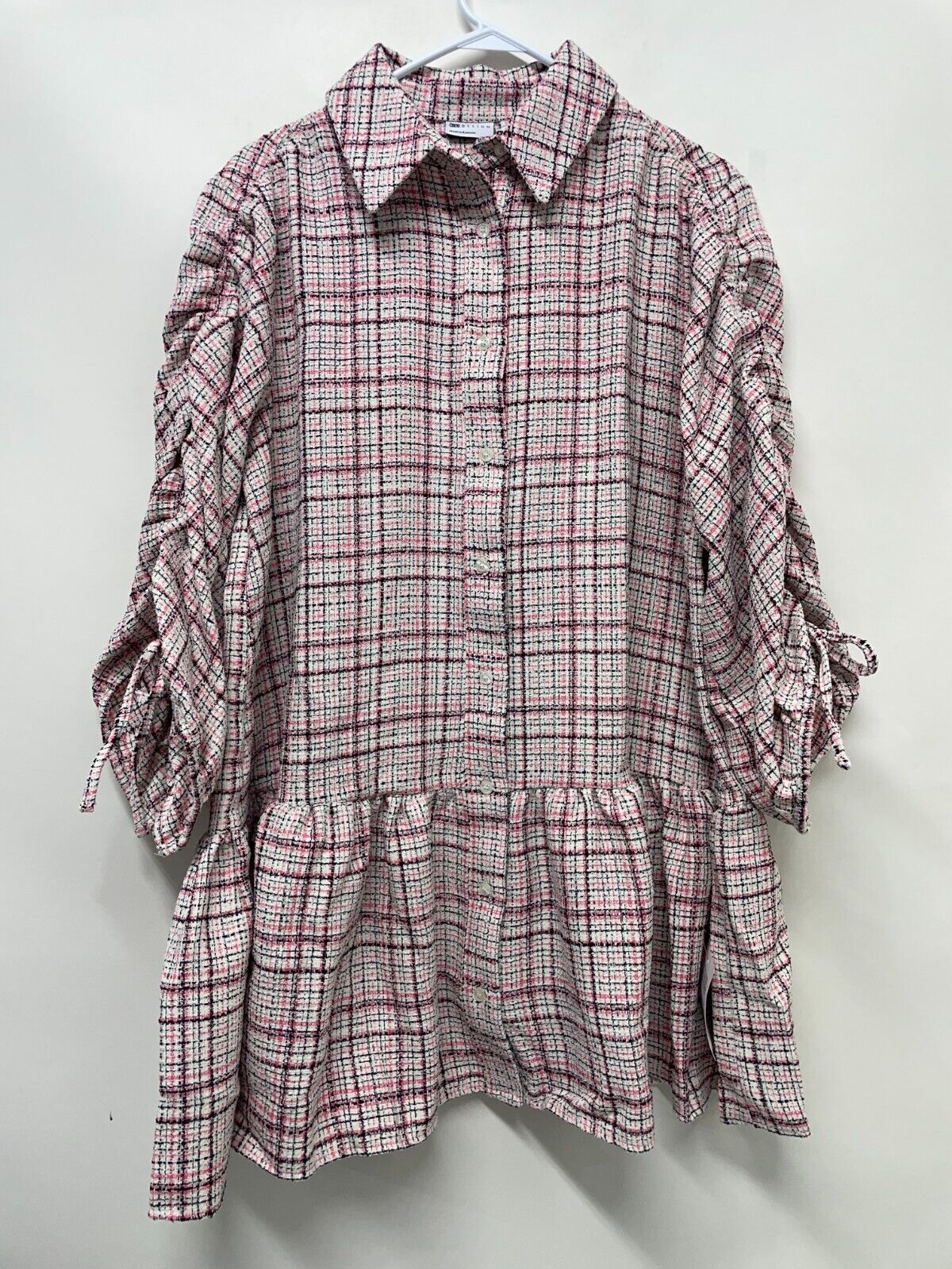 ASOS Women's 10 Petite Boucle Mini Smock Shirt Dress with Pephem Cream/Pink NWT
