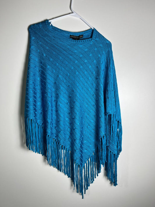 Ralph Lauren Women's XS/S Fringe-Trim Navajo Poncho Shawl Royal Blue Knit 179A4