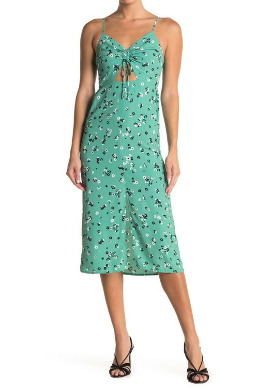 Topshop Womens 12 Green Sage Molly Front Cutout Ruched Floral Midi Sleeveless