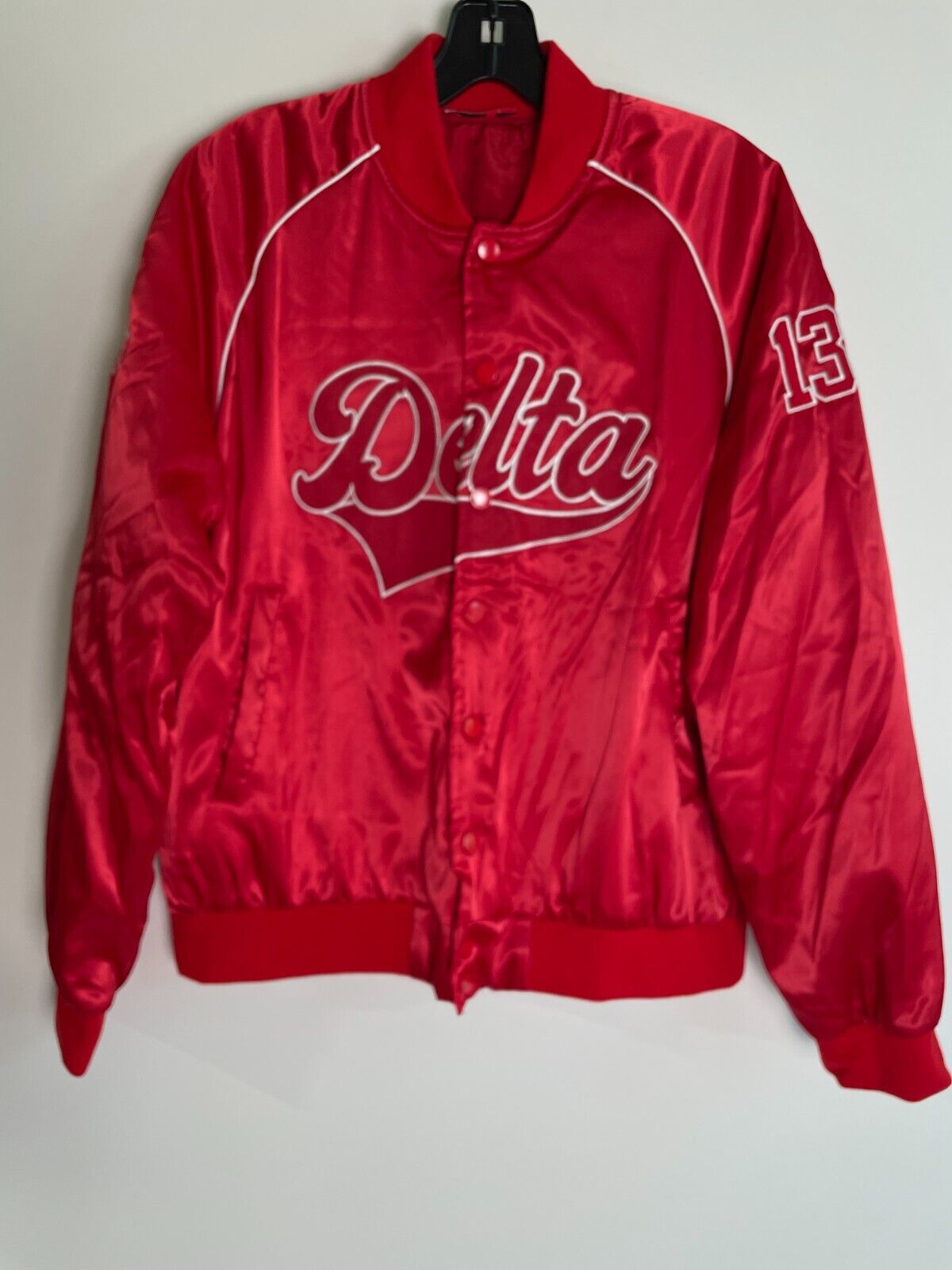 The Delta Box Womens L Snap Front Logo Satin Bomber Jacket Red Long Sleeve