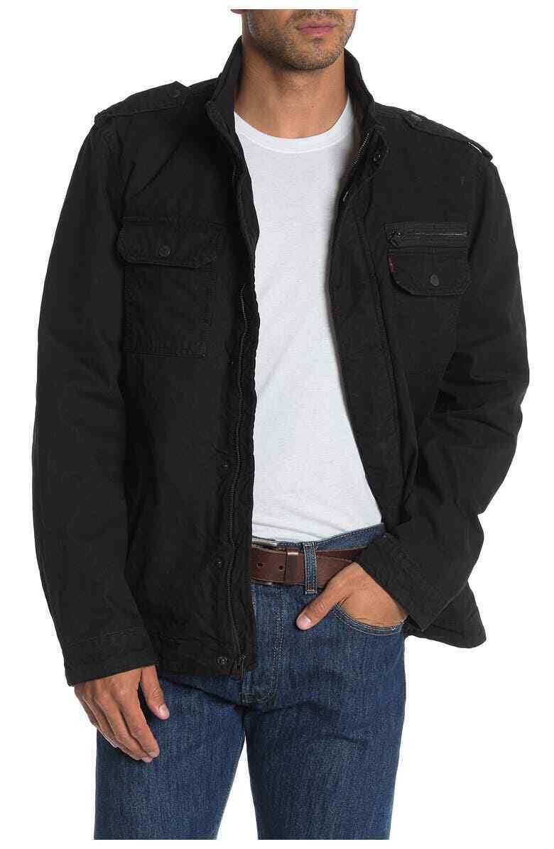 Levi's Mens S Black Cotton Front Zip Hooded Canvas Military Jacket Denim