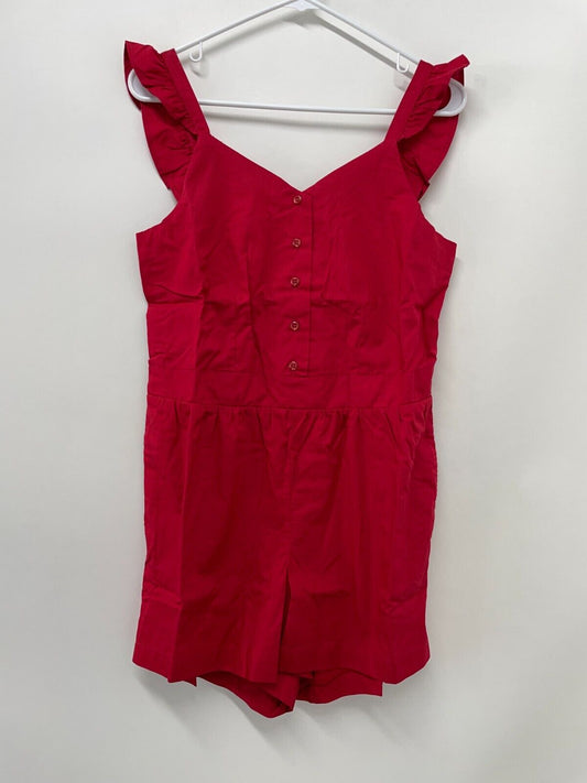 Hope & Henry Women's 2 Flutter Button Front Romper Red Dobby Stripe One Piece