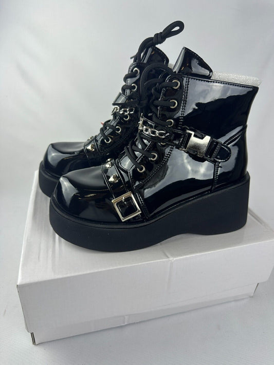 Romwe Womens EU 39 Platform Ankle Boots Black Faux Patent Leather Goth Punk Rave