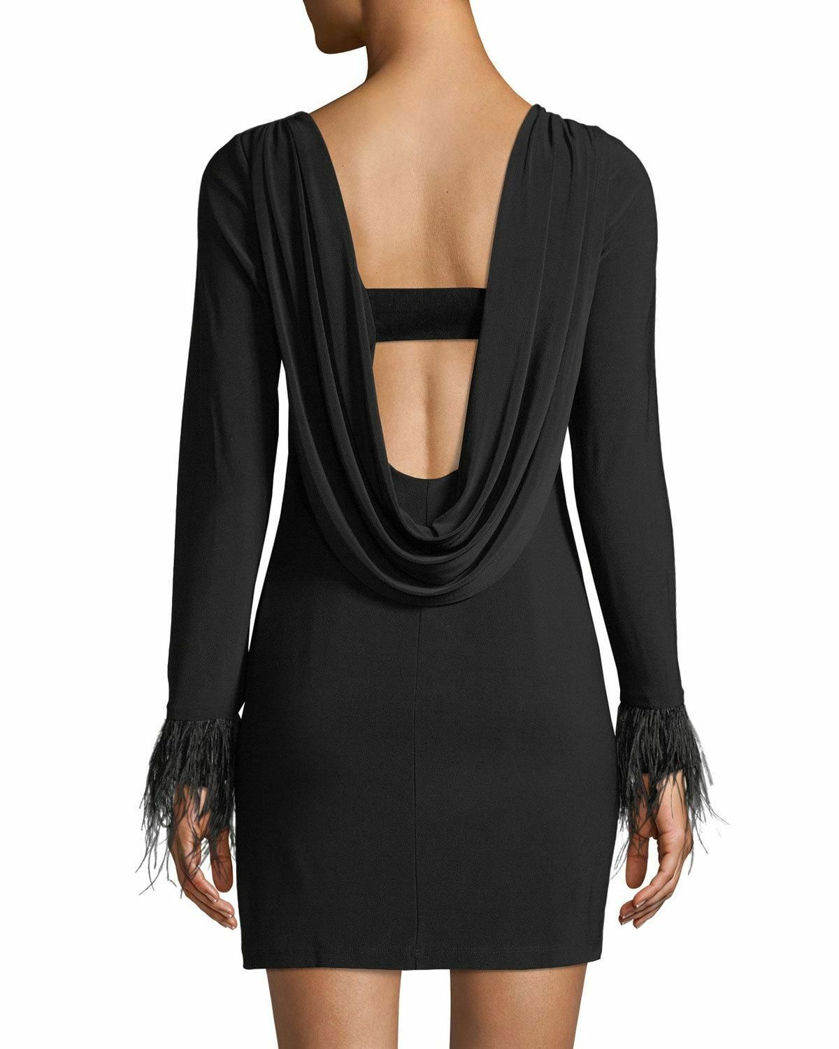 Jay Godfrey Womens 6 Black Wright Jersey Knit Midi Dress Cocktail Feather Cuff