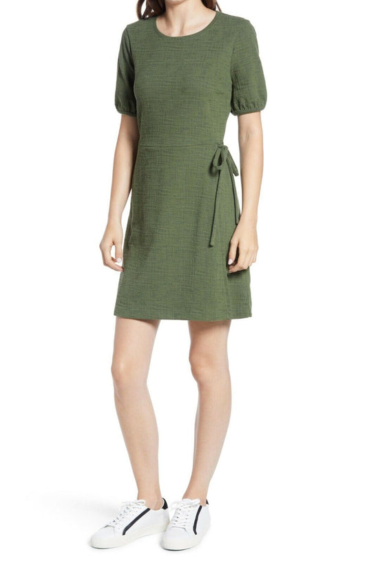 Madewell Womens M Green Crosshatch Puff Sleeve Faux Wrap Mini Dress