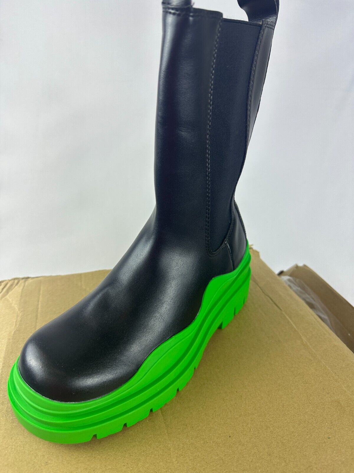 Vertundy Womens 6 Mid Calf Rain Boot Black Green Leather Waterproof 1122