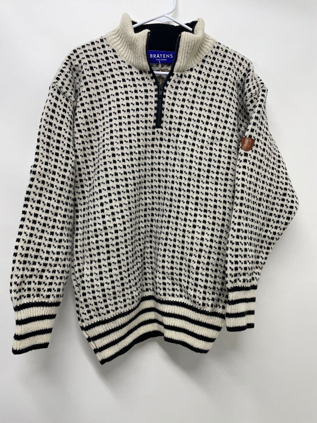 Bratens Adult S White Black Islender Quarter Zip Sweater Norway Wool Pullover