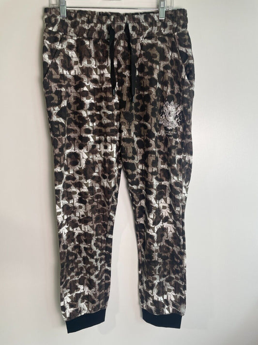 John Richmond Mens 2XL Jogger Trouser Coated Fur Logo Pants Brown Leopard Print