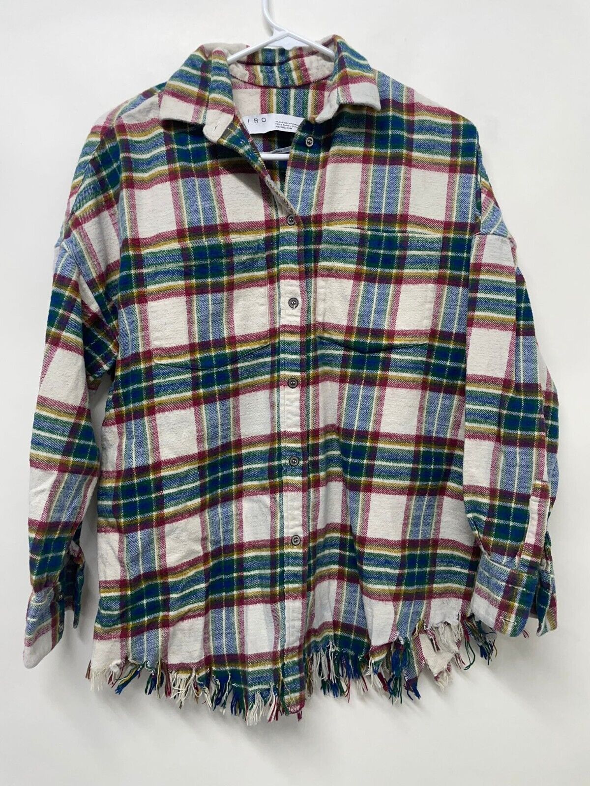Iro Womens 34 Darkina Oversized Button Down Fringe Frayed Flannel Shirt Plaid