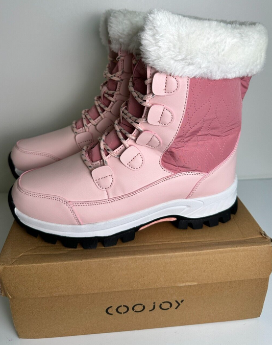 COOJOY Women's 8 EU 40 Winter Snow Boots Waterproof Mid Calf Furry Frosty Pink