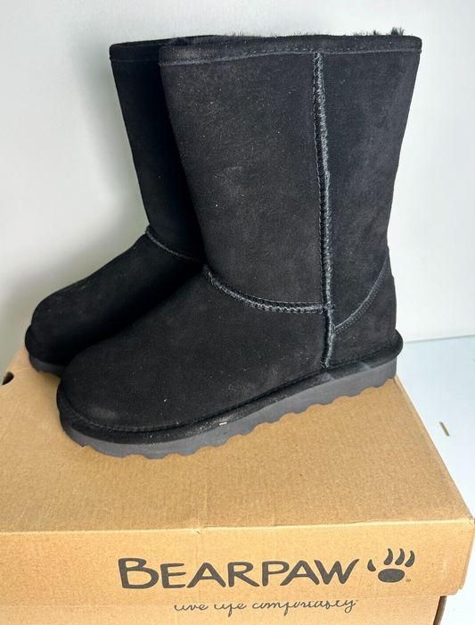 Bearpaw Women's 7 Elle Water Resistant Short Fur Boot Black Suede 1959W-011