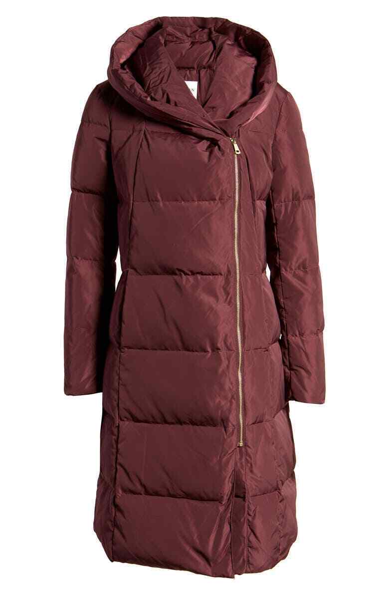 Cole Haan Womens XS Merlot Purple Asymmetrical Zip Down & Feather Coat Parka