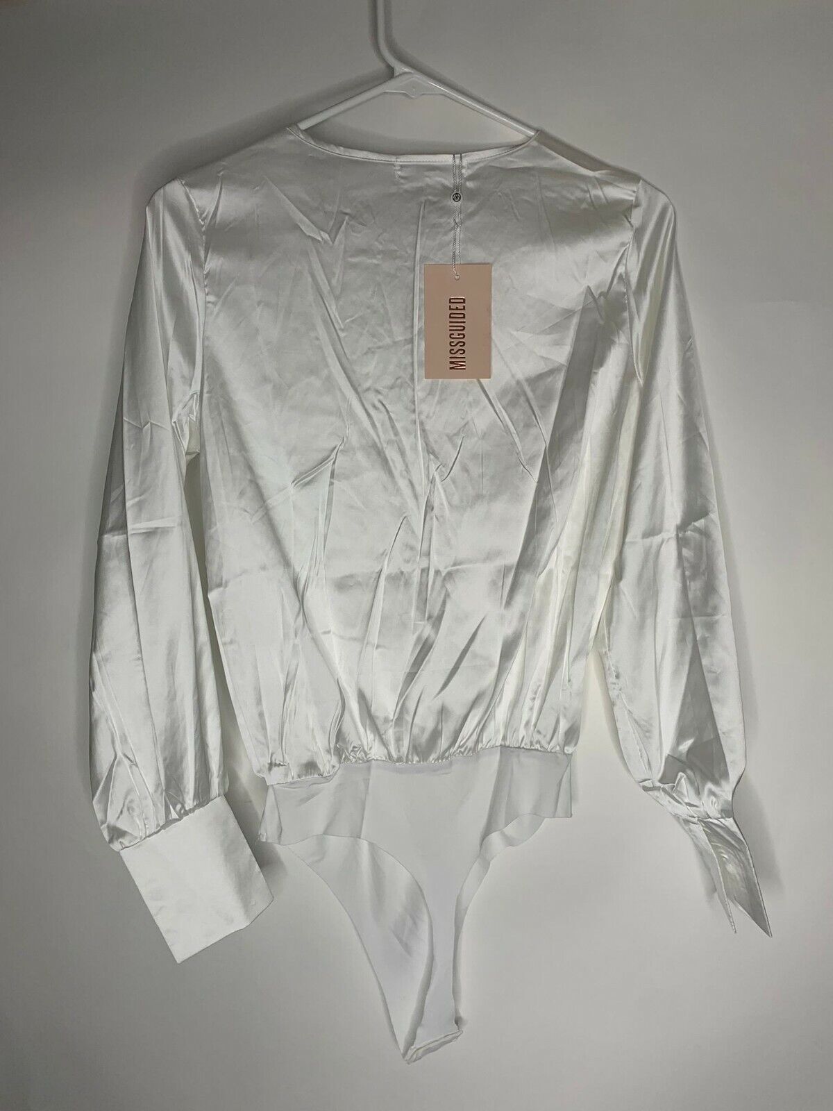 Missguided Womens 4 White Tie Front Wrap Plunge Bodysuit Long Sleeve Satin