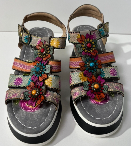 Spring Step L'Artiste Women's 7.5-8 Floral Bloom Hand-Painted Sandals 20247-2312