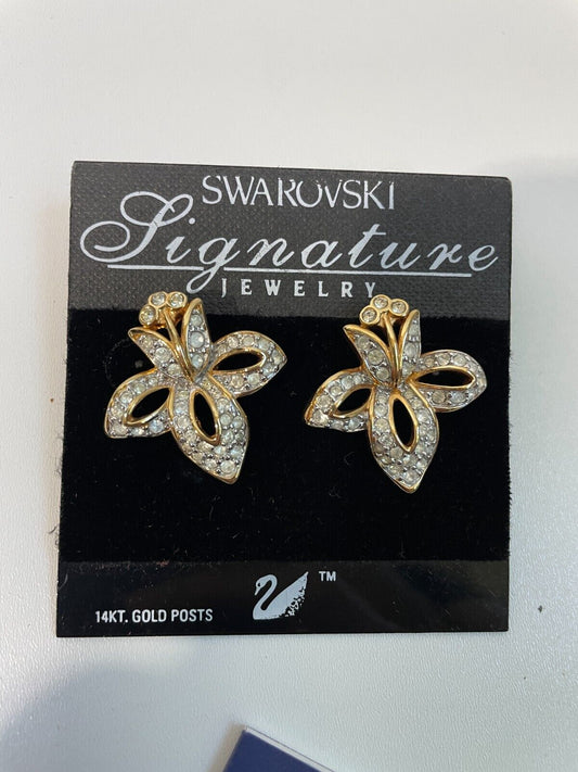 Swarovski Swan Signed 14K Gold Posts Orchid Pierced Stud Earrings