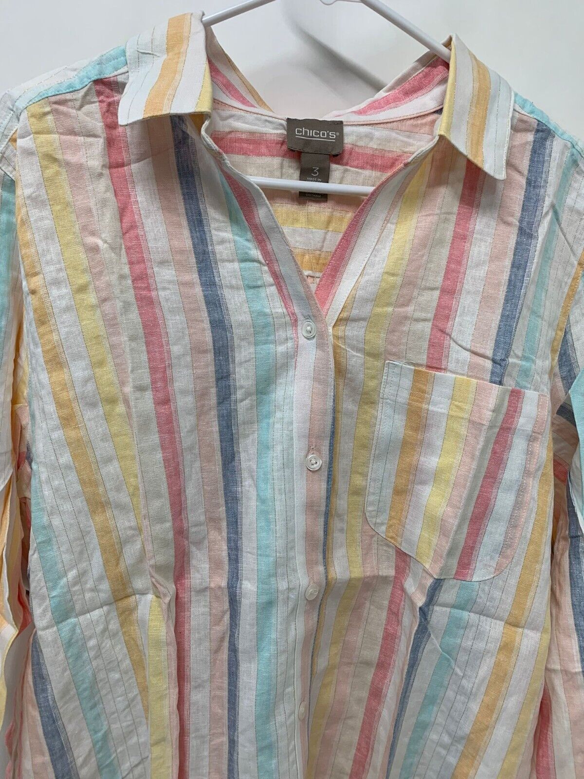 Chicos Womens 3 Tie Sleeve Button Front Shirt Top Hana Stripe Linen Blend