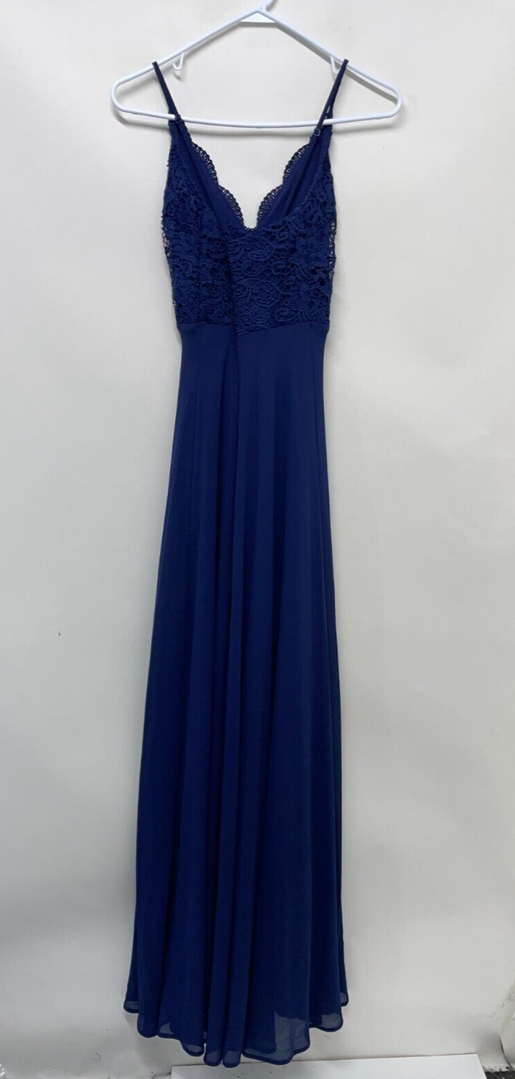 Lulus Womens XS Madalyn Crochet Lace Maxi Dress Navy Blue Chiffon V-Neck 27536