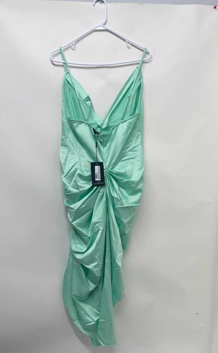PrettyLittleThing Womens 12 Satin Draped Plunging Neckline Midi Dress Mint Green