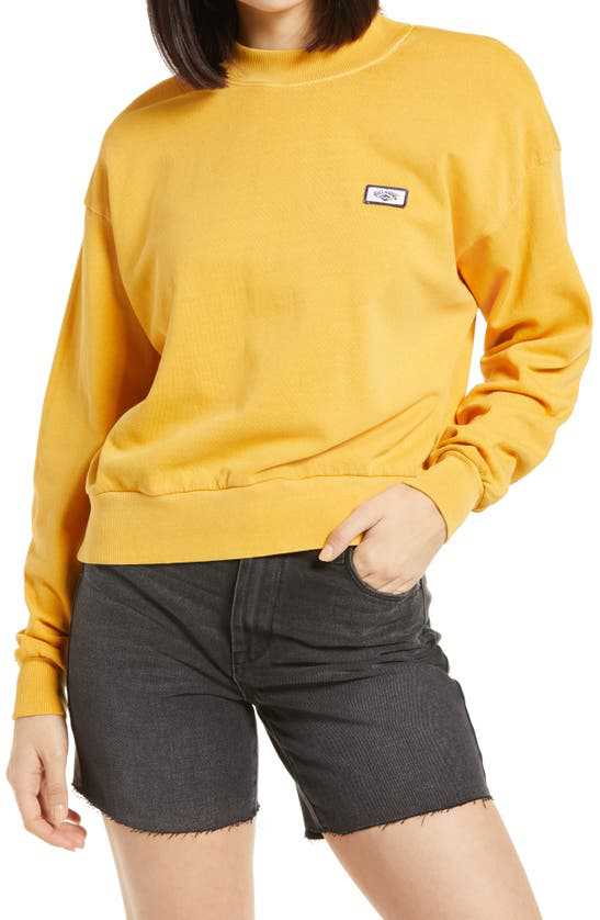 Billabong Womens M Mock Neck Lets Chill Sweatshirt Bright Gold Yellow Boxy NWT