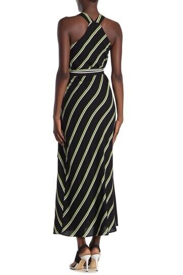 Rachel Roy Womens XS Black Neon Green Jacey Striped Maxi Dress Belted Racerback