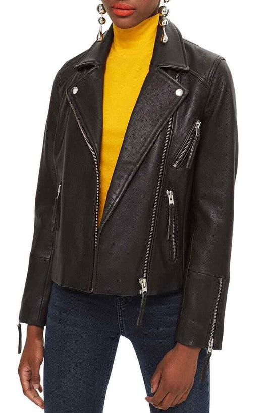 Topshop Womens 4 Black Dolly Leather Biker Jacket Moto Zip Up NWT