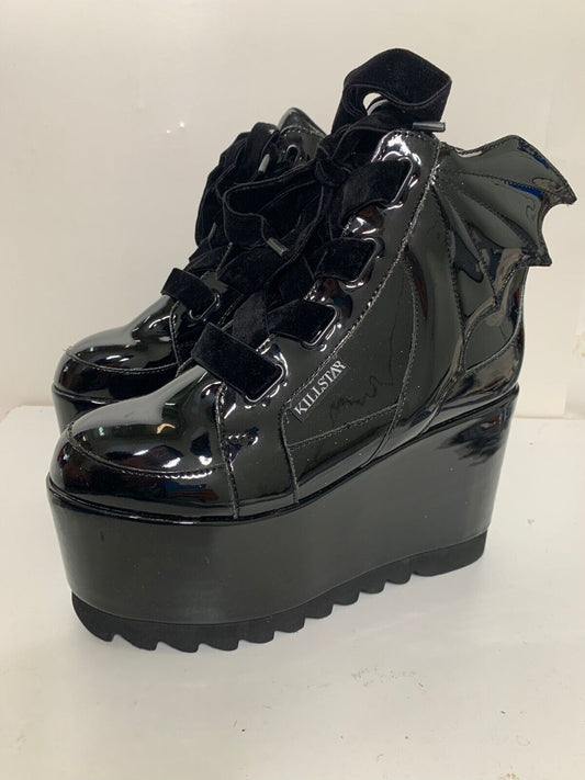 KILLSTAR Womens 8 Black Gloss Wedge Boots Bat Wing Platform Goth Punk