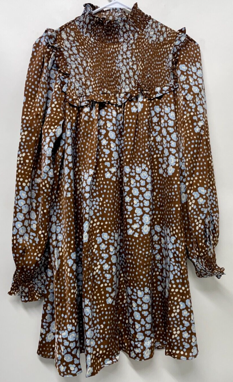 Glamorous Women's 10 Shirred Neck Mini Smock Dress Brown Blue Leopard-Multi ASOS